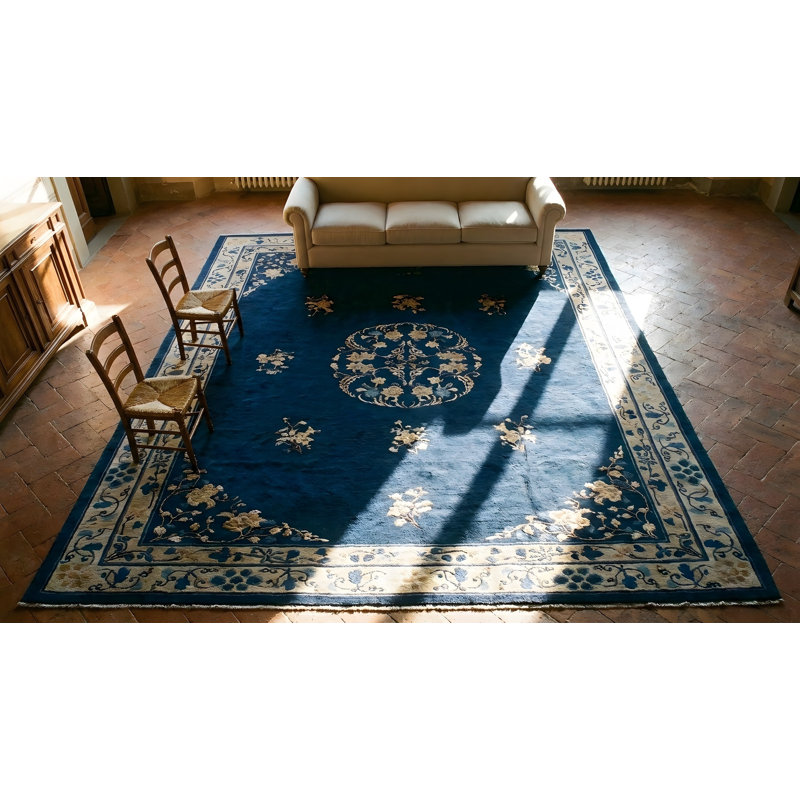 Wool Rectangle Blue Hand Knotted Pile 1920s Antique Chinese Rug