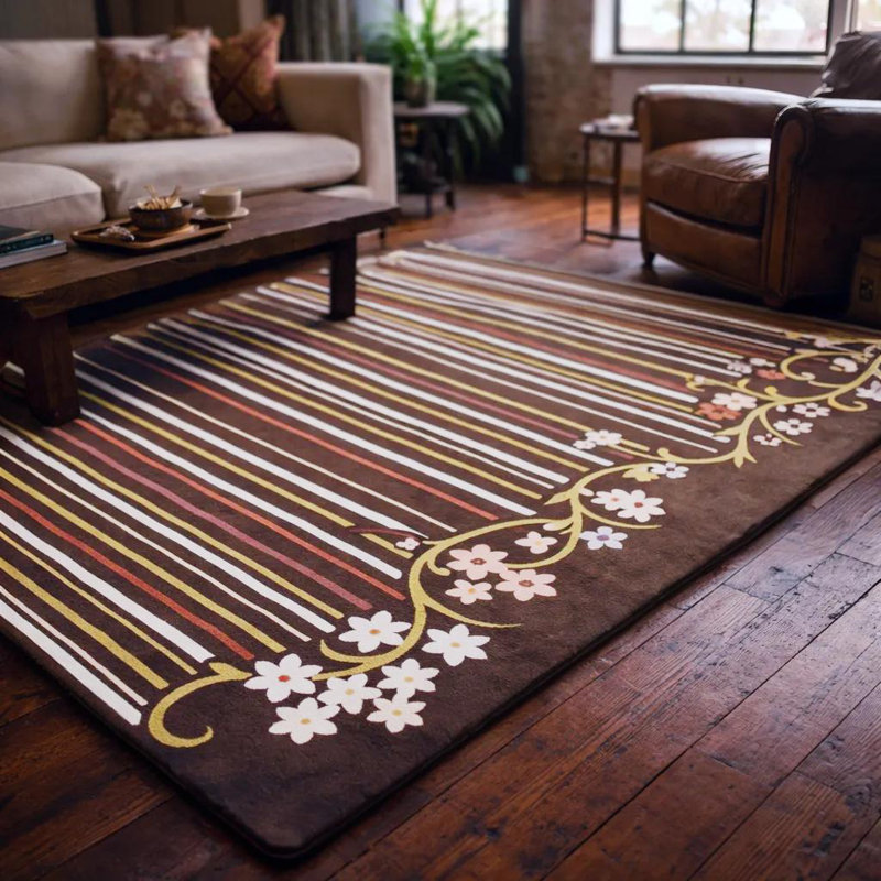 Tapis rayé à motif floral vert, corail, pêche et brun foncé Billerica, 8 pi x 10 pi