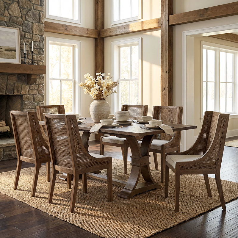 Levi 7-Piece Pedestal Dining Table Set With Upholstered Chairs & Rattan Back