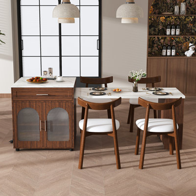 80 Inch Expandable Kitchen Island Dining Set With 4 Solid Wood Chairs, Walnut Marble-Grain Top, Power Outlet, Mobile Storage Cart With Cabinet & 2 Drawers
