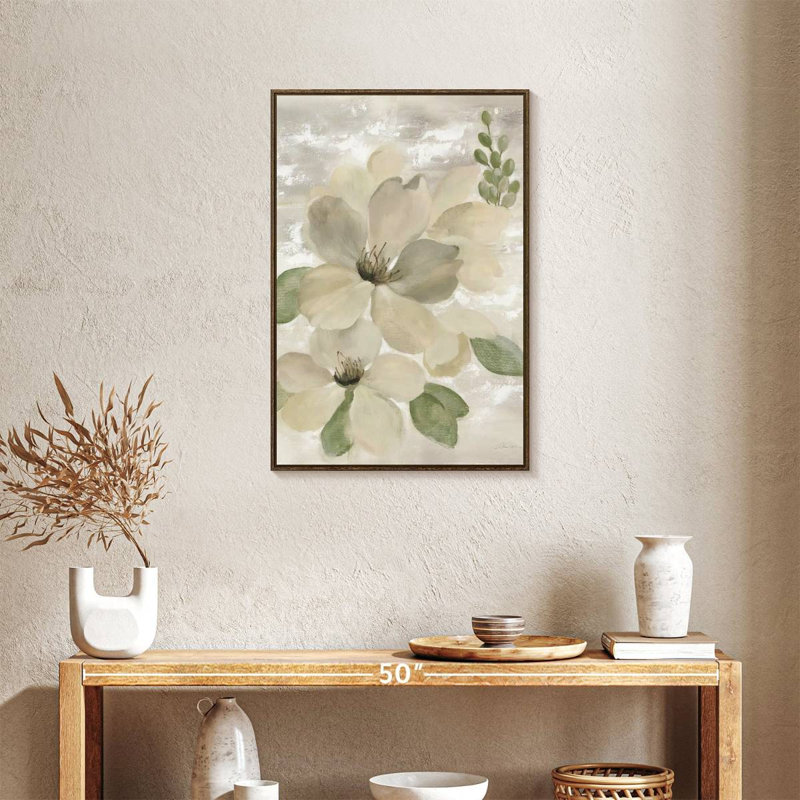 Blanc sur blanc sauge florale, Floating Frame Walnut, 21 po x 31 po
