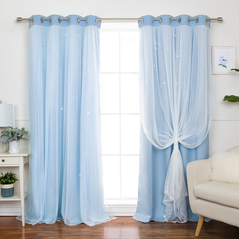 Night Sky Laser Punch Tulle Overlay Room Darkening Silver Grommet Curtains, Sky Blue