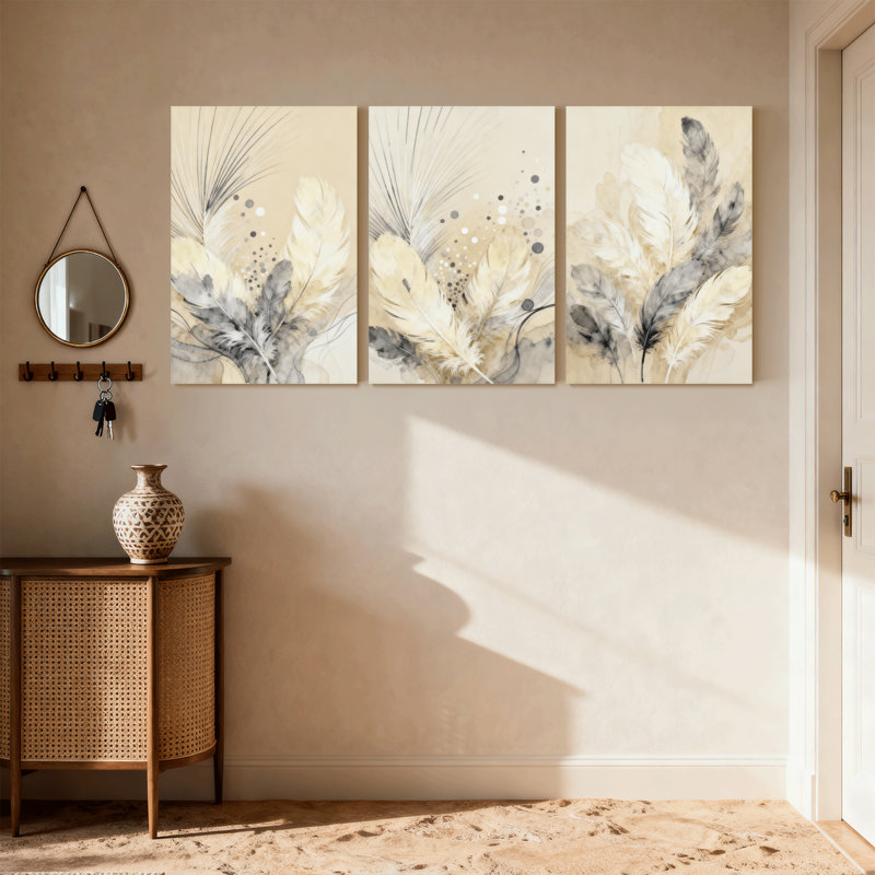 Plume abstraite, ensemble abstrait de 3 reproductions d'art sur toile, H 24 po x l 48 po