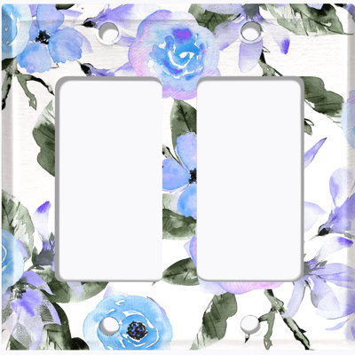 Metal Light Switch Plate Outlet Cover (Blue Roses Flowers Water Colour Green Leaves White - Single Toggle)