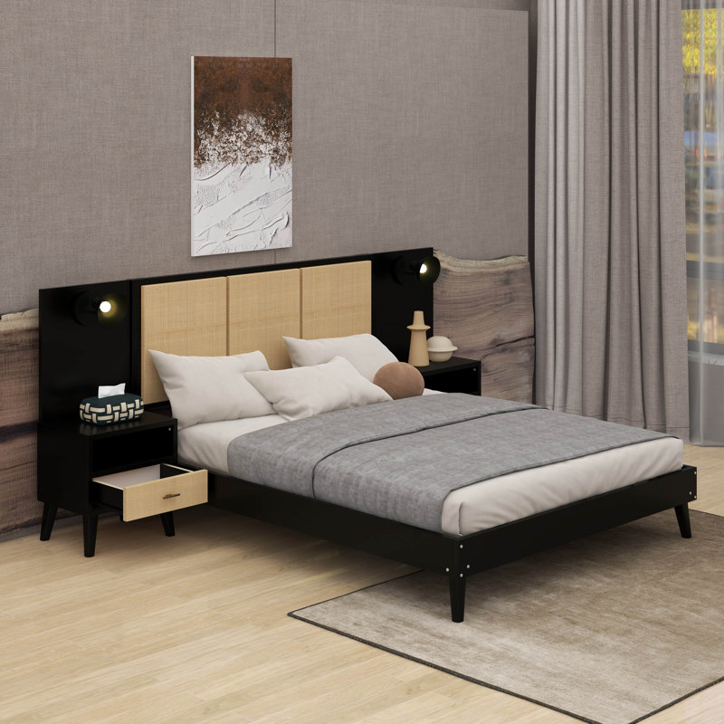 Queen Solid Wood Bed Frame With 2 Nightstands