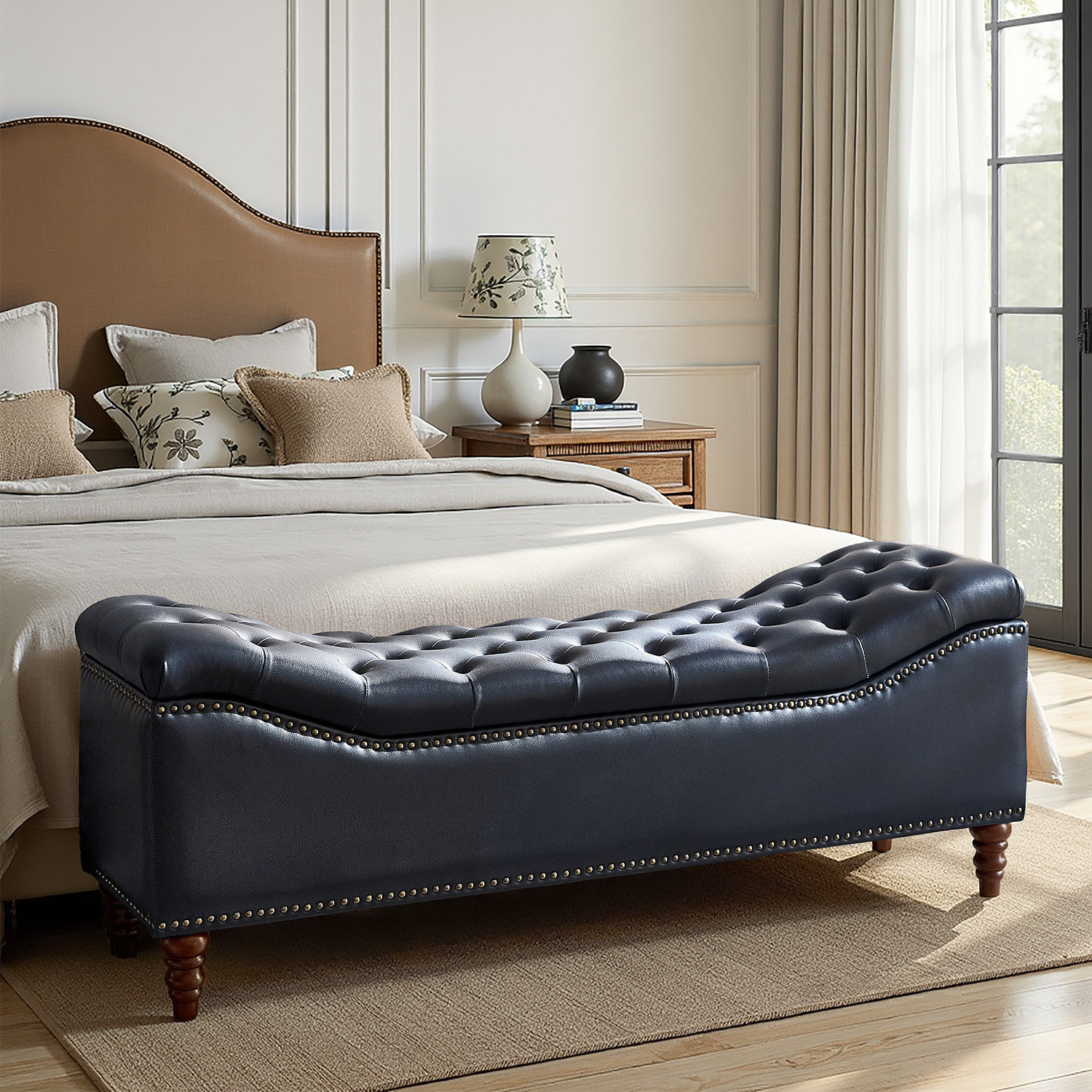 Alcott Hill® Zona 59"W Traditional Faux Leather Tufted Upholstered Storage Bench with Soild Wood Legs and Nailhead Trim & Reviews | Wayfair