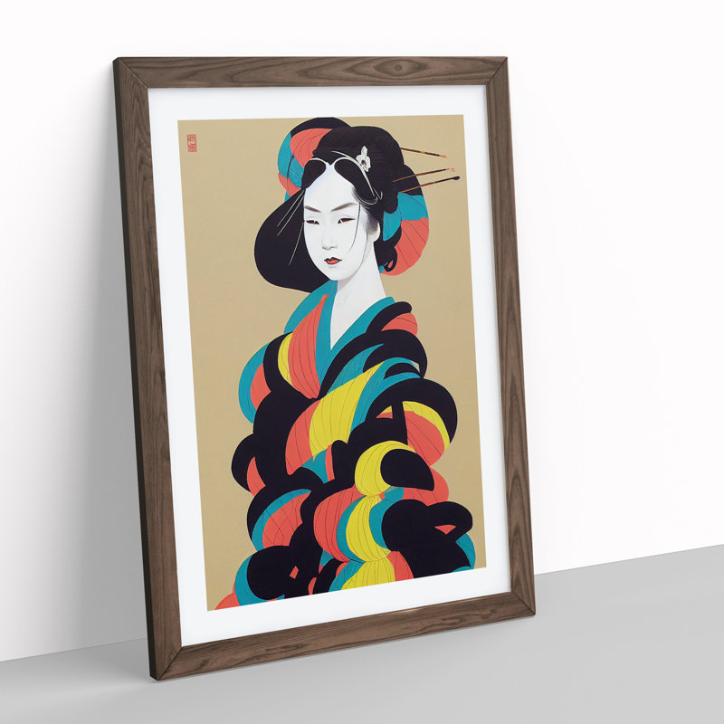 Colourful Geisha No.3 - Single Picture Frame Painting, 34cm H x 25cm W x 2cm D, Walnut