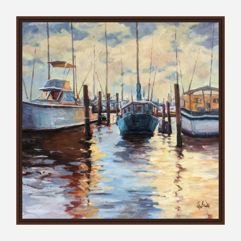 Docks At Sunset - Artist Enhanced Canvas Print, 20" H x 20" W x 1.75" D, Brown Framed Canvas