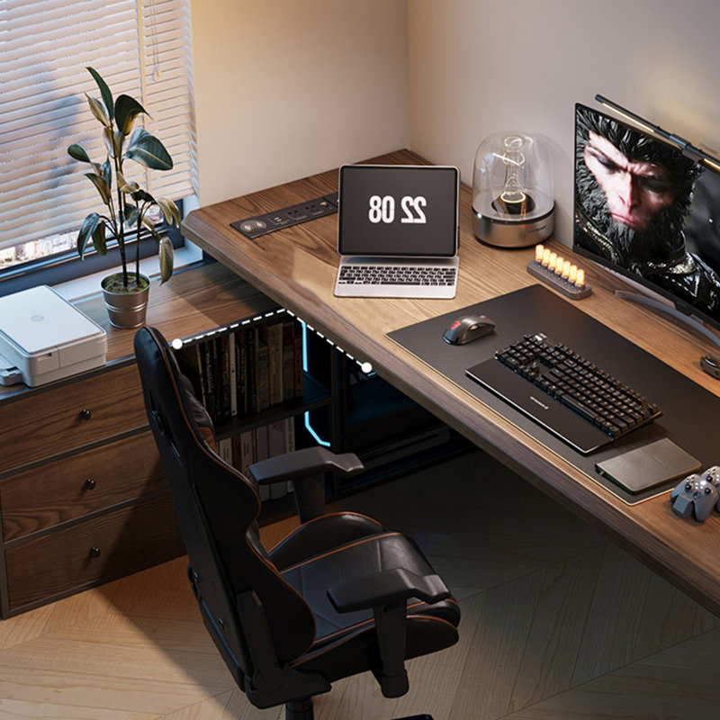 Nut-brown+Black Solid Wood+Iron with 3 drawers desk, 29.53" H x 62.99" W x 23.62" D, Left Hand Return