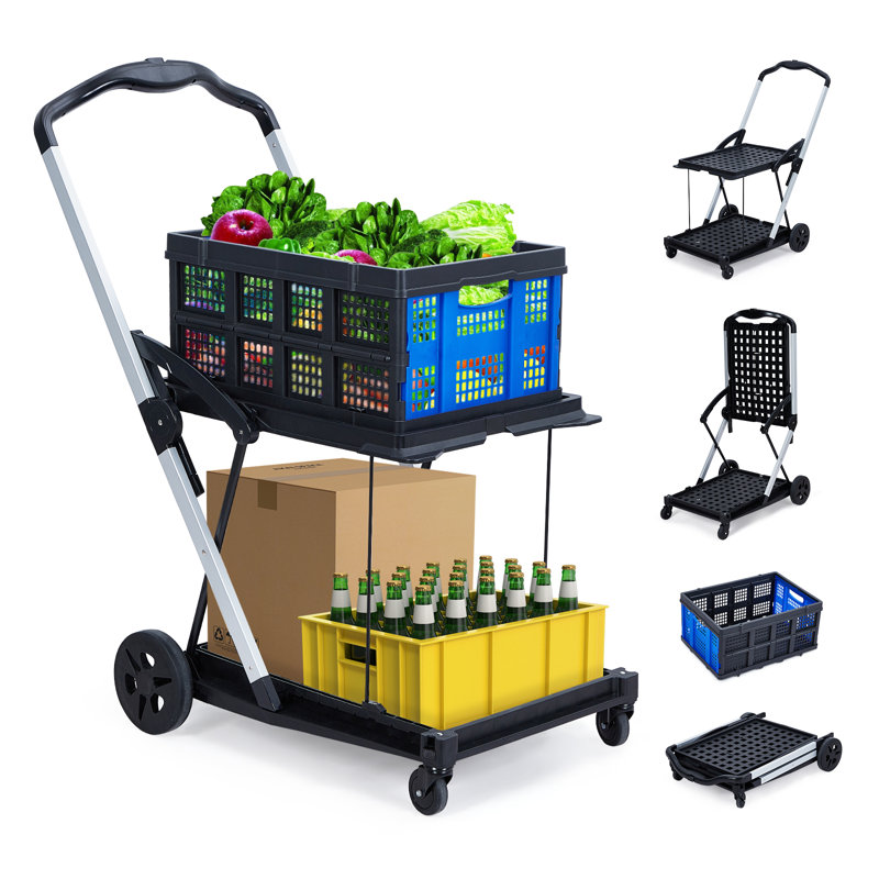 Chariot pliant avec roulettes, chariot d'épicerie portable d'une capacité de 198 lb avec caisse de rangement amovible, chariot utilitaire à 2 niveaux pour la maison, bleu