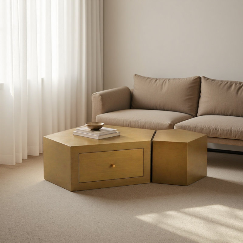 Ensemble de 2 tables basses géométriques modernes, tables gigognes modulaires entièrement assemblées avec tiroir, table basse artisanale polyédrique à facettes