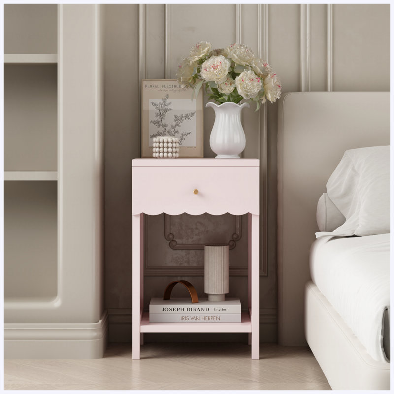 Table de chevet moderne avec tiroir et tablette ouverte, bord festonné, jolie table d'appoint minimaliste pour chambre d'enfant, rose