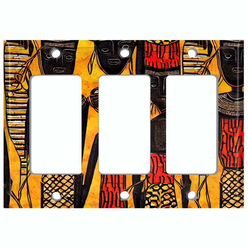 Metal Light Switch Plate Outlet Cover (Native African Culture Orange - Triple Rocker)
