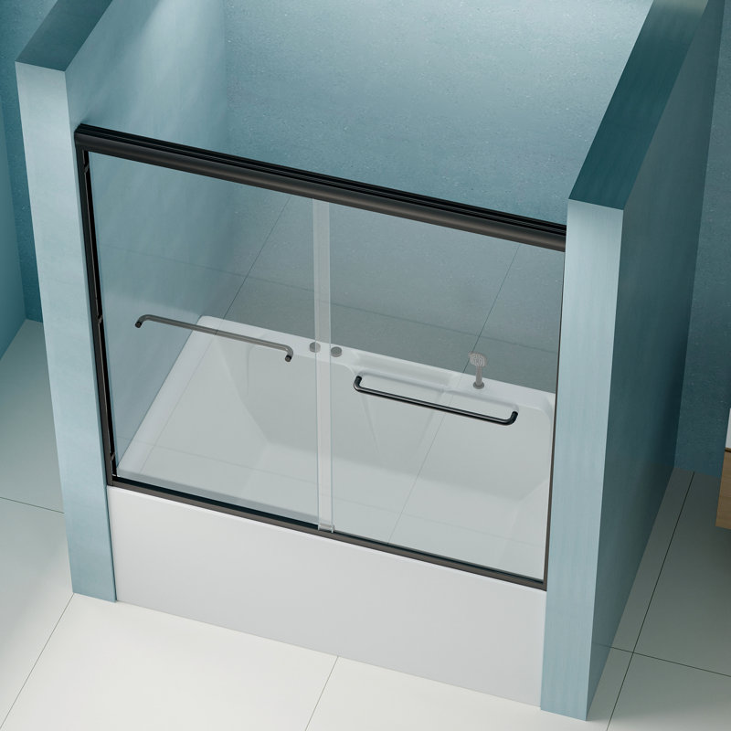 56"-60" W X 58" H Double Sliding Shower Door, Semi-Frameless Bypass Tub, 1/4" Tempered Glass, Adjustable Aluminum Frame, Matte Black