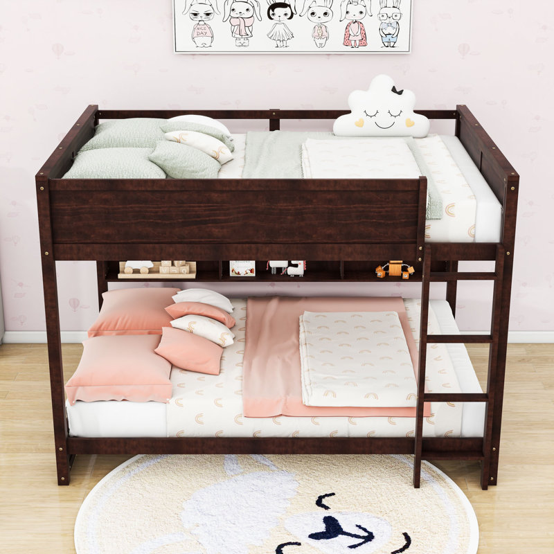 Queen Over Queen Bunk Bed With Built-In Storage Shelves And Charging Station,Ladder, Brown