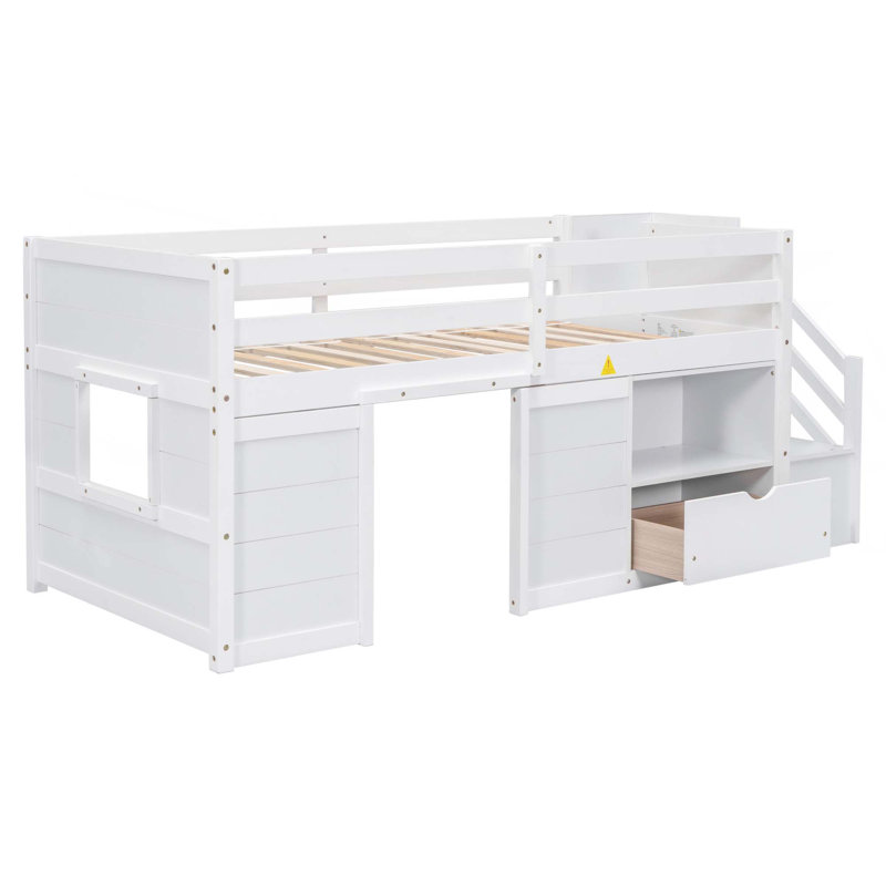 Twin Bed,Solid Wood Twin Size Low Loft Bed With Stair, Drawer,And Shelf Of White Color