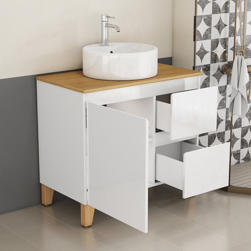 Meuble-lavabo avec lavabo rond, 1 porte et 2 grands tiroirs