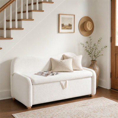 Banc de 55 po avec repose-pieds en fausse peau de mouton, rangement pour dossier blanc, chambre à coucher au bout du lit