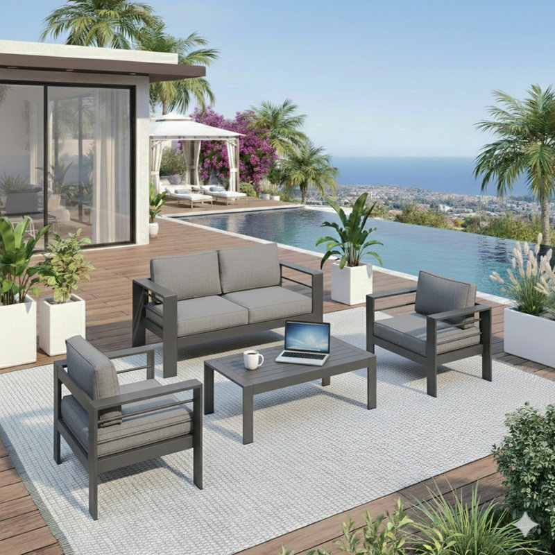Ensemble de conversation moderne en aluminium pour patio, canapé d'extérieur avec coussins épais et structure et table basse