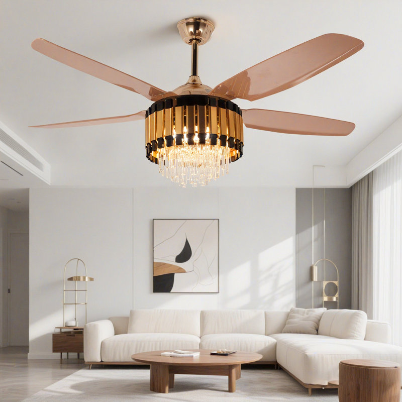 Ventilateur de plafond moderne en cristal doré de style européen et américain de 52 pouces | Télécommande à six vitesses de réglage + source de lumière DEL tricolore | Lampe de ventilateur avant et arrière silencieuse