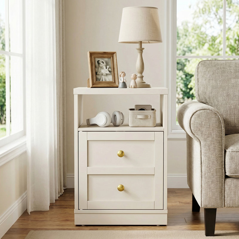 Table de chevet moderne avec porte et tablette ouverte, Beige