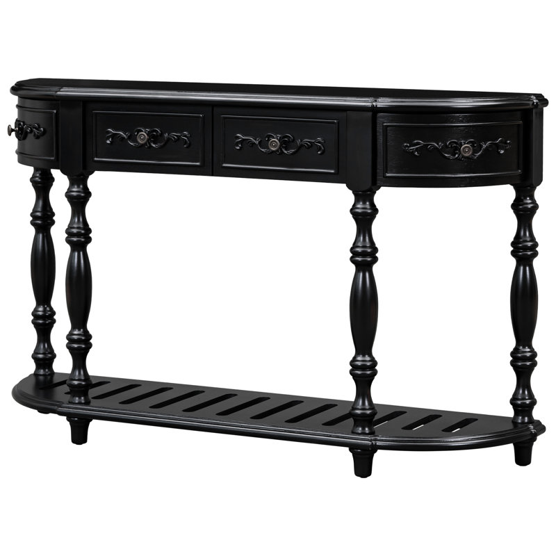 Console moderne avec tablette spacieuse, 52 po courbé, noir, 4 tiroirs pour table de salon courbée, bois, 1 pièce, vitrine