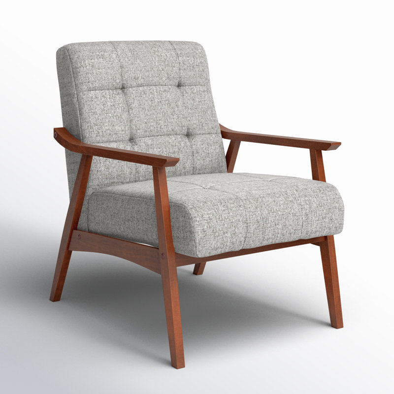 Ameer Tufted Fabric Accent Chair with Rubberwood Legs, Light Gray Polyester Blend