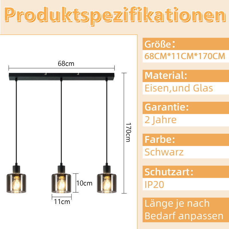Pendant Light 3- Lights E27 Glass, Schwarz