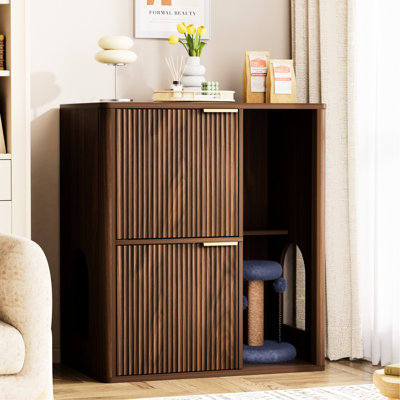 Litière pour chat 31,5 po en noyer avec arbre, portes doubles et tablettes de rangement pour le salon ou la chambre à coucher. Comprend un compartiment encastré pour cacher la boîte, des ouvertures arquées faciles d'accès et une corde de chanvre