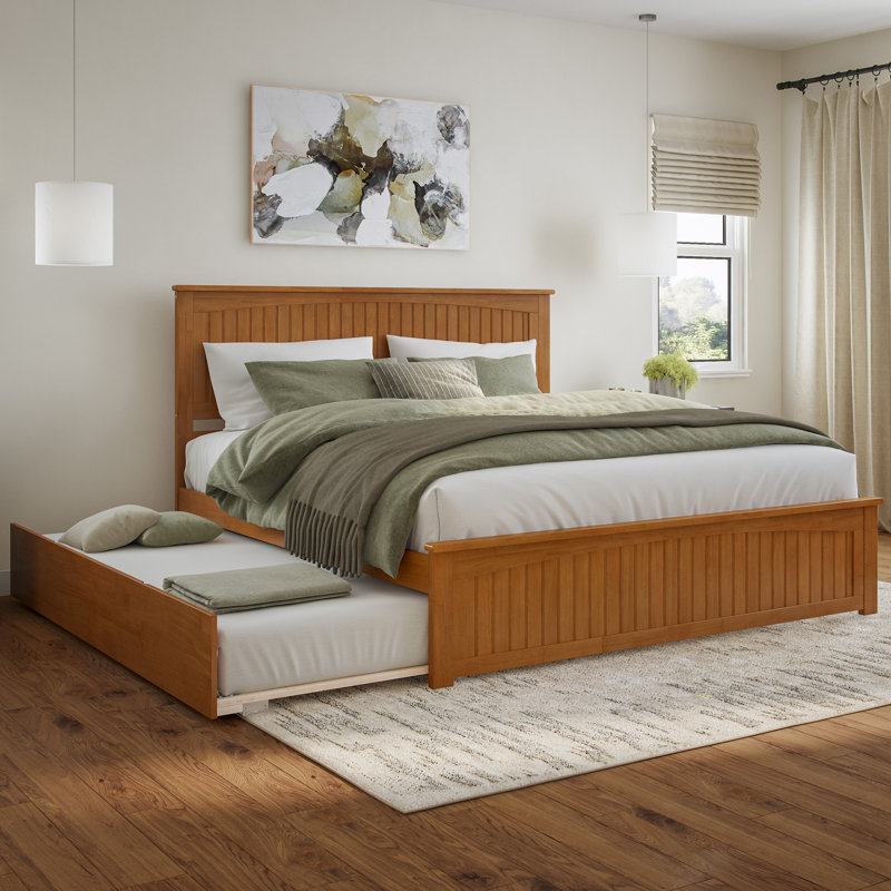  Lit plateforme en bois massif Nantucket avec pied et gigogne assortis, Caramel clair, Très grand