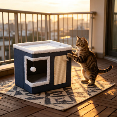 Habitation pour chat pliable avec patin à griffer, maison de refuge pour chat confortable avec dessus moelleux