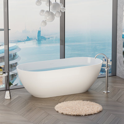 Résine de pierre autoportante à surface solide avec trop-plein et bonde escamotable 63 po x 29,5 po, blanc brillant