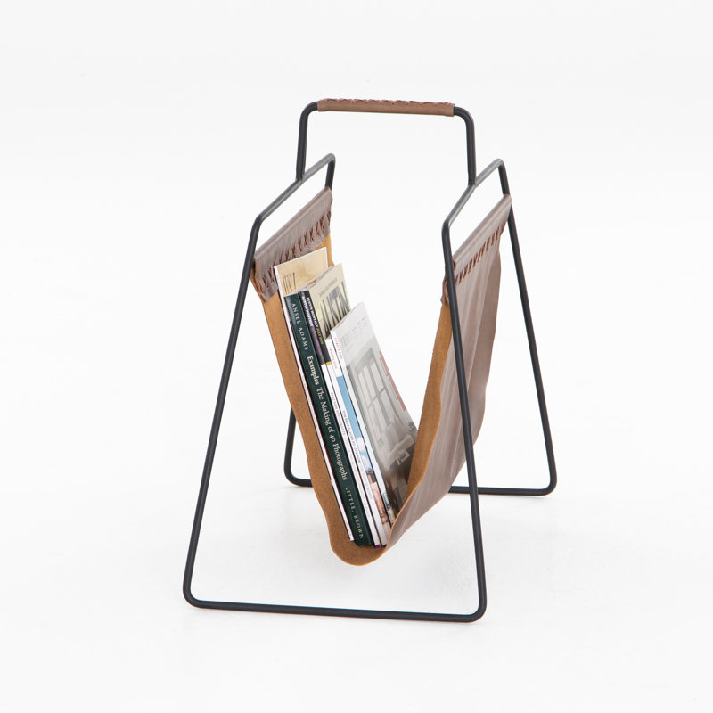 Black Metal Freestanding Magazine Rack with Brown Leather Slings
