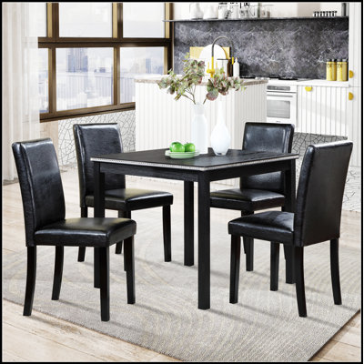5 Piece Wooden Dining Table Set With Square Table And 4 Upholstered Chairs, Crystal Decoration For Elegant Dining Experience