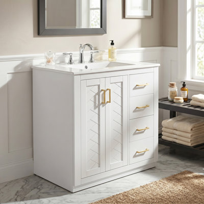 30inch Solid Wood+MDF Bathroom Vanity with Ceramic Sink Combo with 3 Drawers& Soft Closing Doors