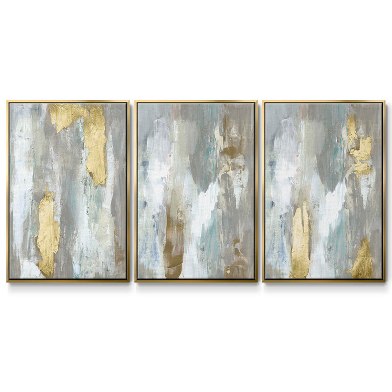 Ensemble de 3 pièces texturées neutres et dorées I encadrées sur toile, H 27 po x l 54 po, Or