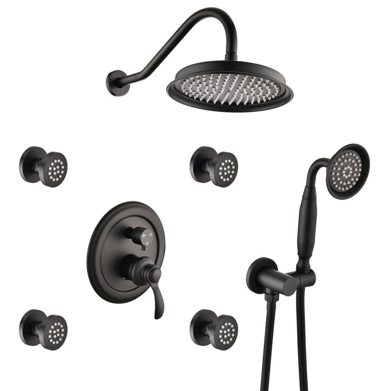 Modern Wall Mount Shower System with Rain Shower Head, Handheld Shower and Multi-Function Body Jets, Black