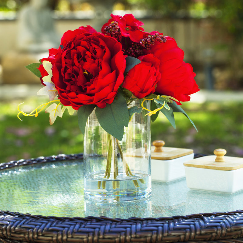 Silk Peonies Arrangement in Vase, Red