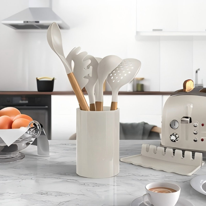 Ensemble d'ustensiles de cuisine 35 pièces, poignées en silicone et en bois