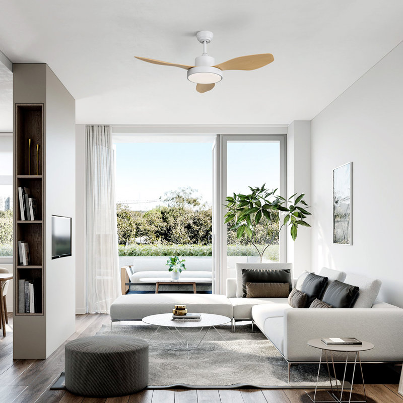 Damecia 47" 3-Blade Modern Ceiling Fan With LED Light and Remote Control, Natural Wood