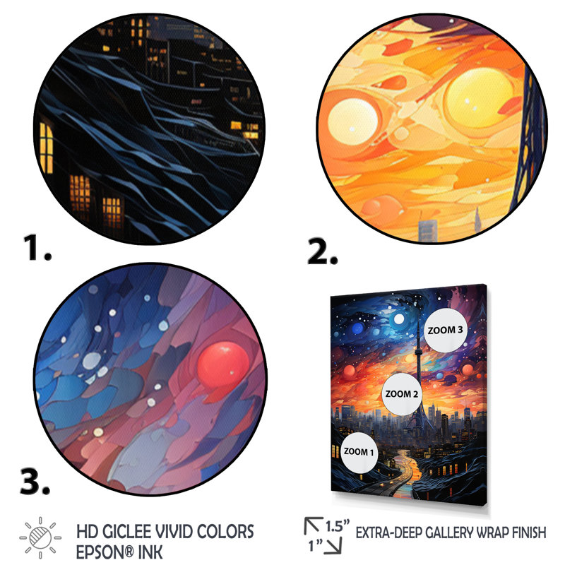 Bleu, orange, science-fiction, Odyssée galactique - impressions sur toile, H 32 po x l 24 po x P 1 po, Cadre photo doré