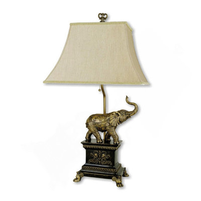 29" Tall Polyresin Elephant Table Lamp W/ Antique Gold Finish, White Shade