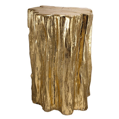13.5x13x20" Unique Golden Tree Trunk Stool, Antique Gold Distressed Accent Side Table