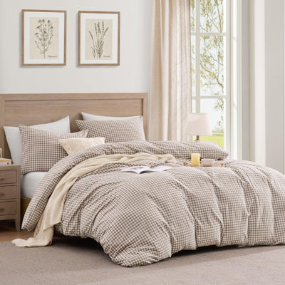 Andency Tan Gingham Duvet Cover Queen, 100% Wash Cotton Linen Like Textured Breathable Comforter Cover Set, 3 Piece Brown Classic Yarn-Dyed Checkered Plaid Bedding Set, 90"*90"