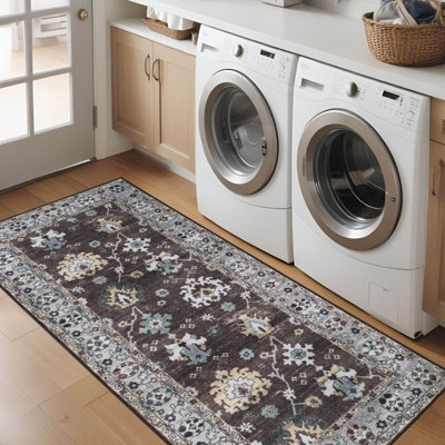 Flara Floral Geometric Border Washable 100% Indoor Area Rug