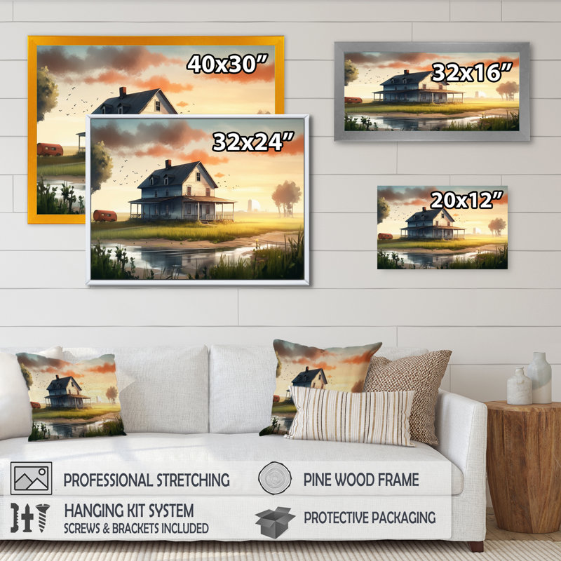 «Burning Sky At Sunset Farmhouse II», impression d'art mural paysage de ferme, H 12 po x l 20 po, Toile tendue