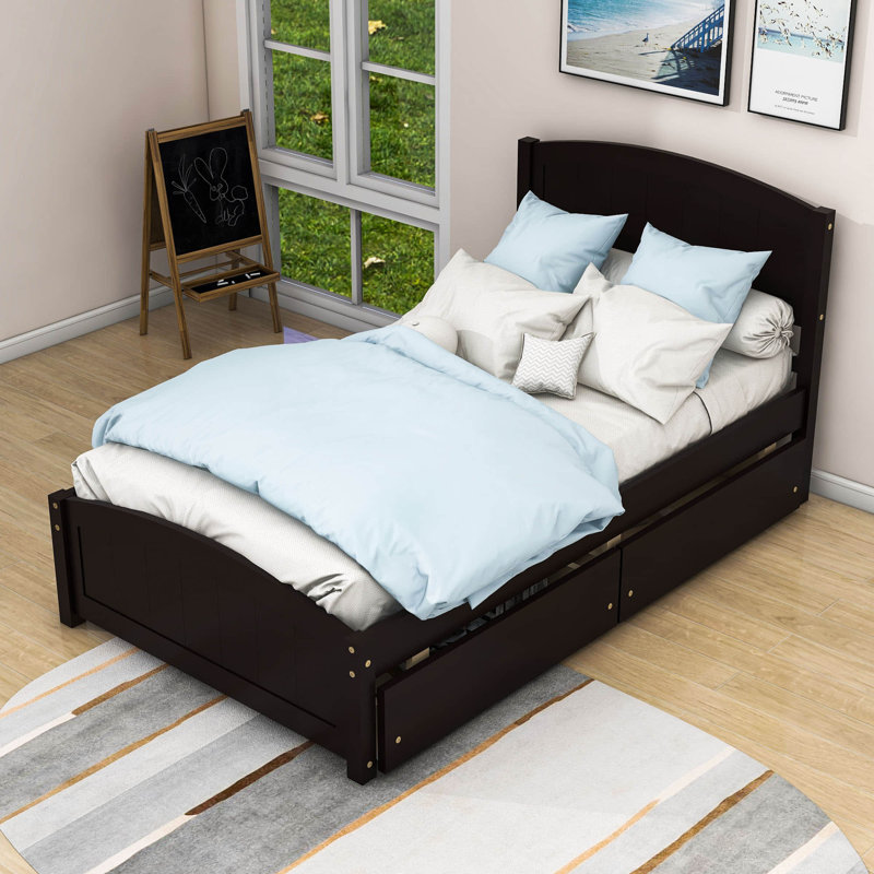 Twin Size 2 Drawers Wood Platform Bed with Headboard, Espresso