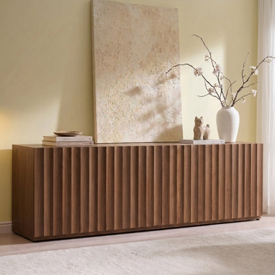 Meuble télé 93,94 po pour téléviseur de 100 po ou moins, console média en bois avec portes cannelées, armoires de rangement, tablettes réglables et système de gestion des câbles