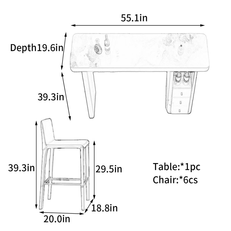 Table de bar en cuir italien, H 39,3 po x L 55,1 po x l 19,6 po