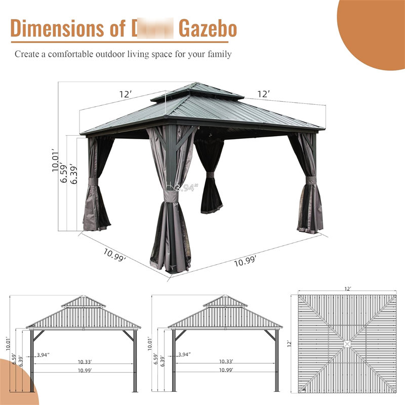 Pavillon de jardin 12 pi x 12 pi avec double toit et isolement - pour patio, cour arrière, terrasse, pelouse paisible, cadre en aluminium gris avec protection moderne,